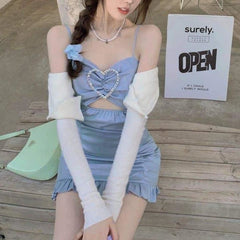 Perfect Summer Sweet Fashion Blue Sleeveles Ruffles Mini Dress