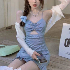 Perfect Summer Sweet Fashion Blue Sleeveles Ruffles Mini Dress