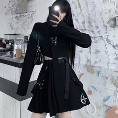 Punk Grunge Gothic Black Suit Blouse Skirt Set