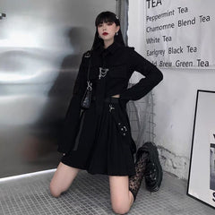Punk Grunge Gothic Black Suit Blouse Skirt Set