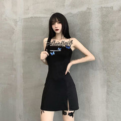 Punk Shoulder Belt Black Butterfly Dress