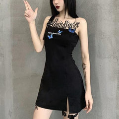 Punk Shoulder Belt Black Butterfly Dress