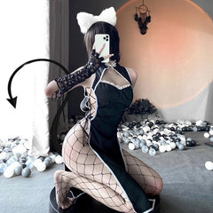 Retro Uniform Seduces Hollow Out High Slits Cheongsam Pajamas EE0821