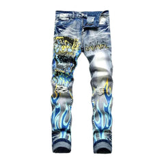 Ripped blue flame print jeans for men