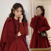 S-4XL Plus Size Red Korean Elegant Short Vintage Wool Jacket And Dress Suit