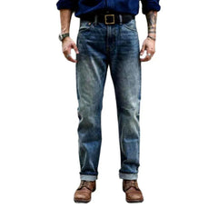 Sanded whiskered selvedge jeans for men
