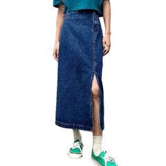 Side closure long denim skirt