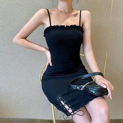 Simple Goth Side Lace Hip Drawstring Dress EE0855