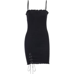 Simple Goth Side Lace Hip Drawstring Dress EE0855