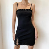 Simple Goth Side Lace Hip Drawstring Dress EE0855