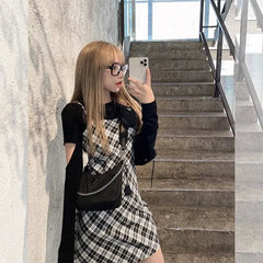 Sleeveless Plaid Spaghetti Strap Slim Fit Slip Dress