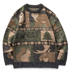 Embroidered Vintage Animal Rounded Collar Sweater
