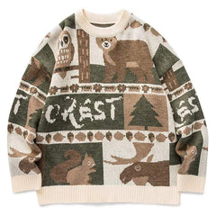 Embroidered Vintage Animal Rounded Collar Sweater