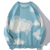 Embroidered Clouds Rounded Collar Ripped Sweater