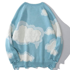 Embroidered Clouds Rounded Collar Ripped Sweater