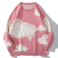 Embroidered Clouds Rounded Collar Ripped Sweater