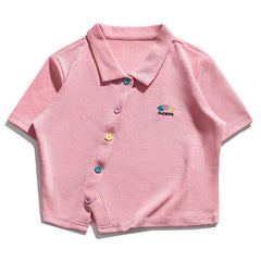 Short Top Flower Embroidered Polo Tee