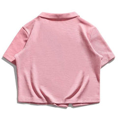 Short Top Flower Embroidered Polo Tee