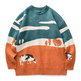 Embroidered Vintage Cow Rounded Collar Sweater