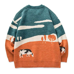 Embroidered Vintage Cow Rounded Collar Sweater