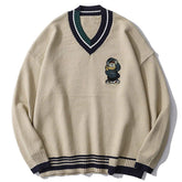 Vintage V Neck Bear Embroidery Sweater