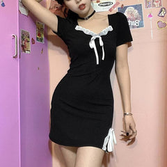 Sweet Comfy Witch Black Dress White Lace