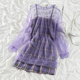 Sweet Purple Plaid Halter Dress+Mesh Sunscreen Blouse Suit