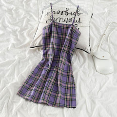 Sweet Purple Plaid Halter Dress+Mesh Sunscreen Blouse Suit