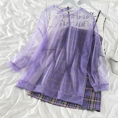 Sweet Purple Plaid Halter Dress+Mesh Sunscreen Blouse Suit