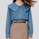 Trendy wide collar oversized women's jeans shirt