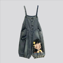 Unique cargo pockets rubber hem women's jean bib
