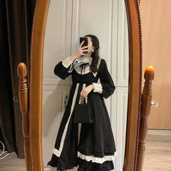 Vintage Sailor Collar Ruffles Lace Black Elegant Dress