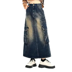 Voluminous long denim skirt for ladies