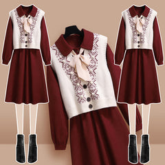 Bow Knot Red Dress Rhombus Print Vest Set