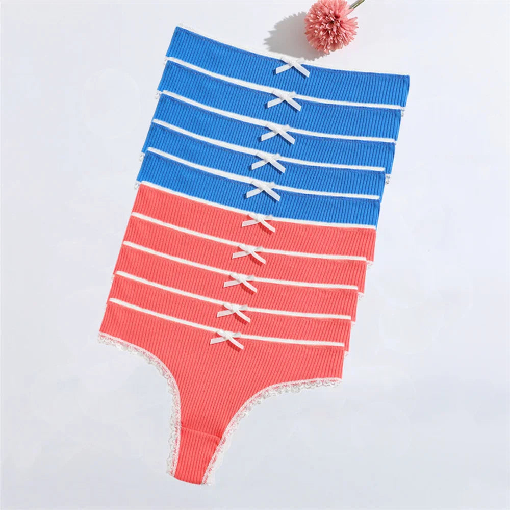 10pcs Lace Trim Cotton T-back Underwear