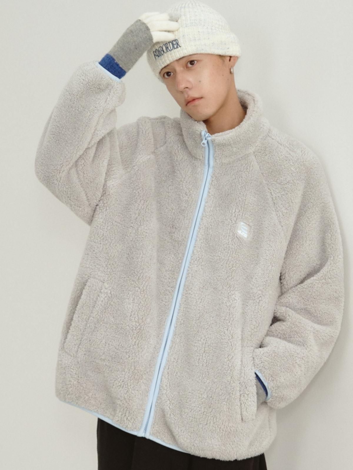 Loose Contrasting Color Edging Cotton Plush Jacket
