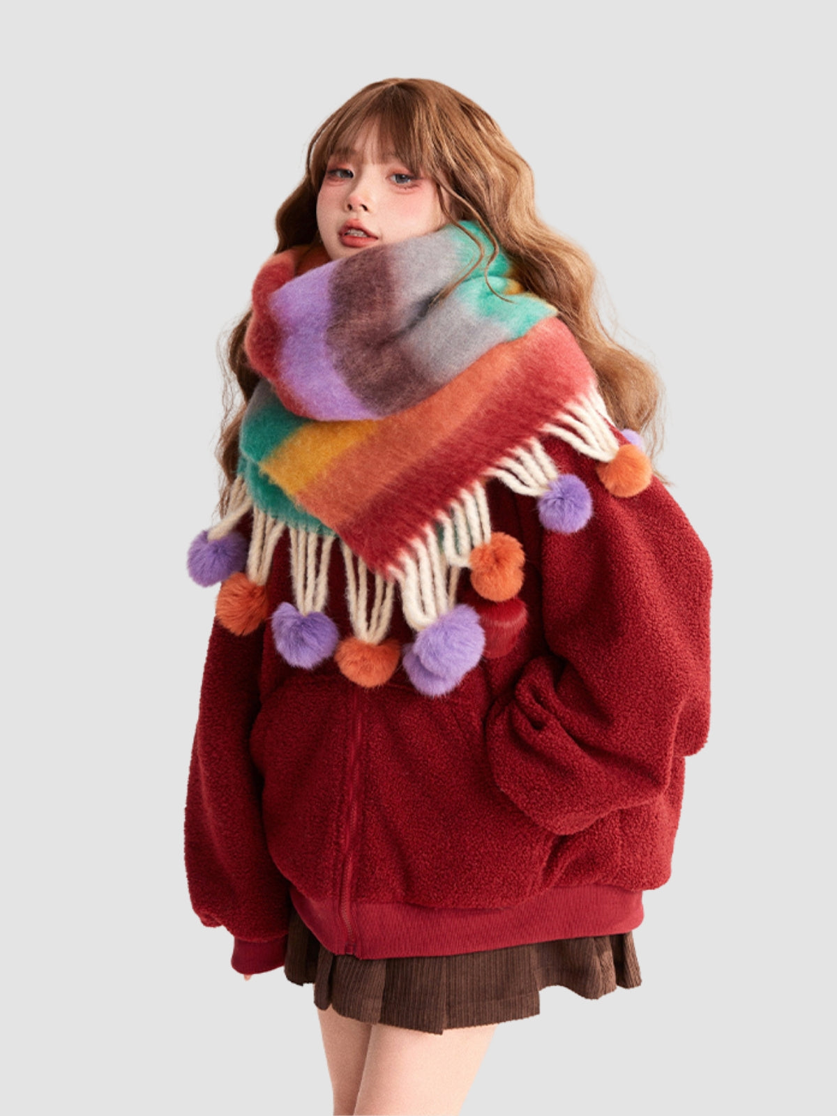 Colorful Striped Fur Ball Soft Scarf