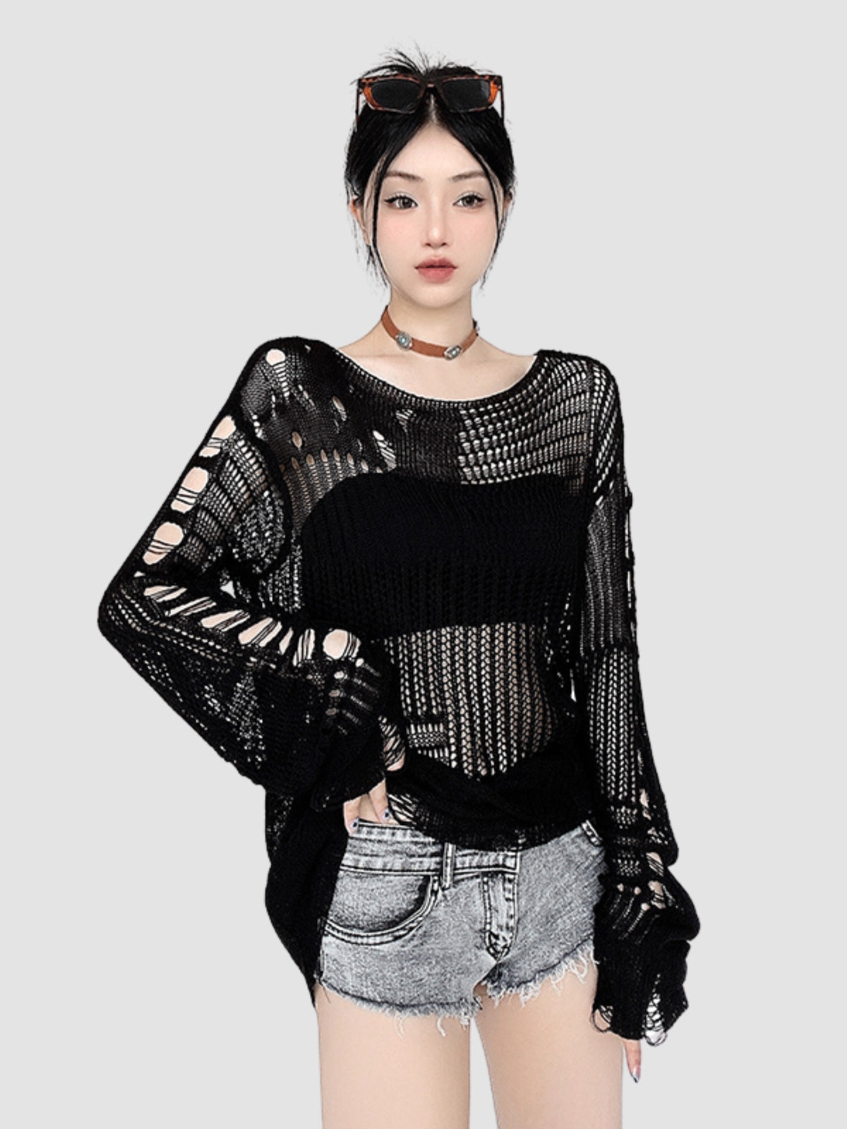 Hollow Woolen Round Neck Long-Sleeved Top
