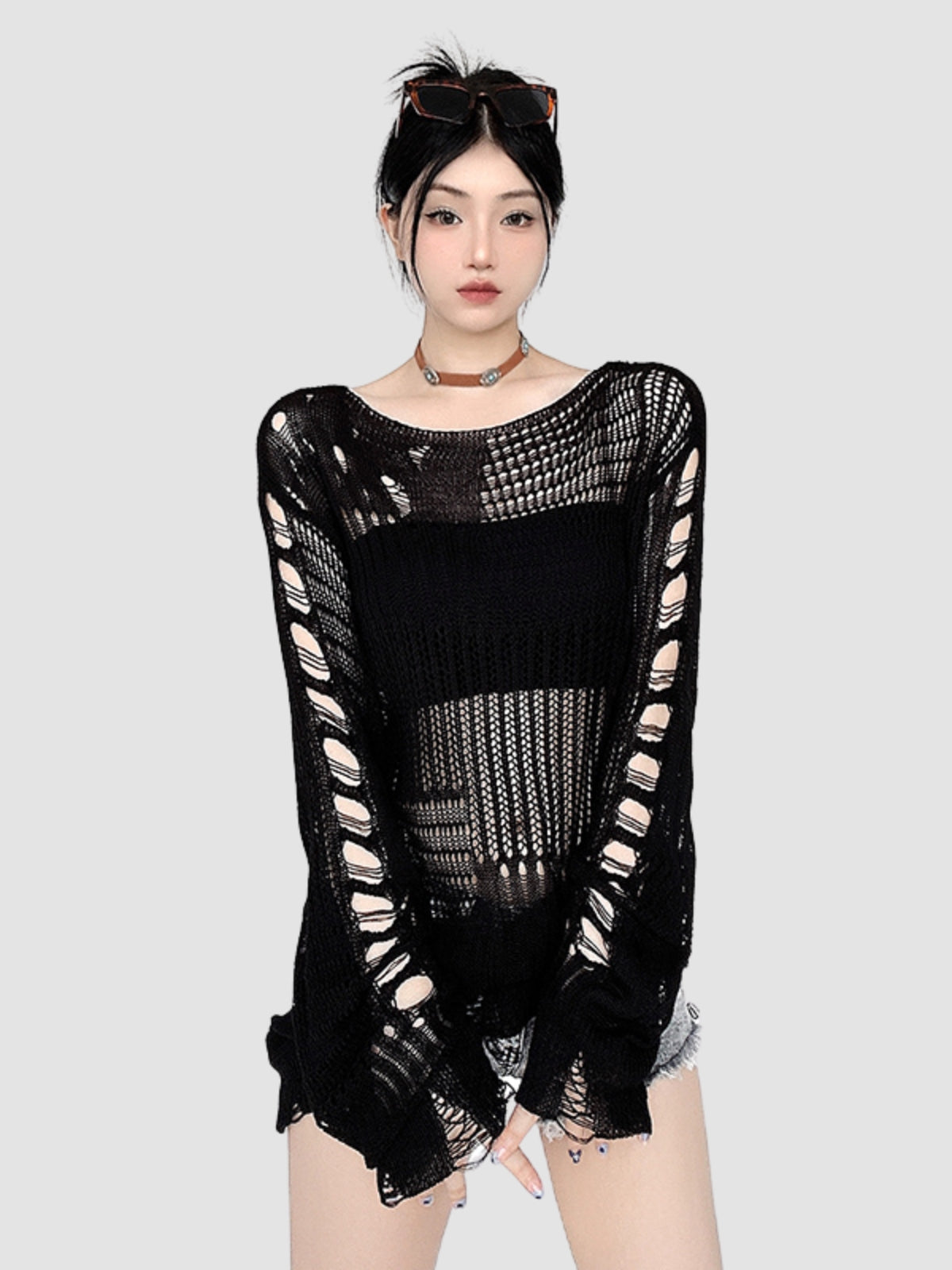 Hollow Woolen Round Neck Long-Sleeved Top