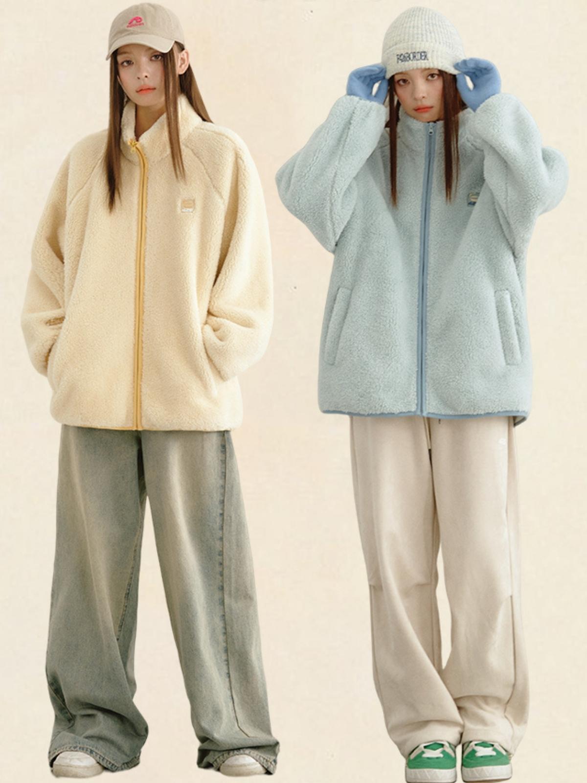 Loose Contrasting Color Edging Cotton Plush Jacket