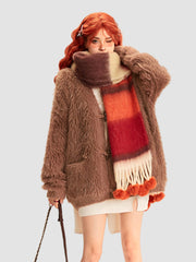 Colorful Striped Fur Ball Soft Scarf
