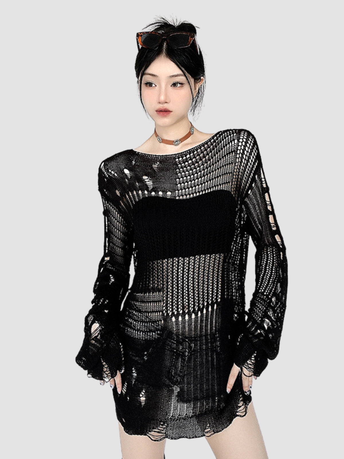 Hollow Woolen Round Neck Long-Sleeved Top