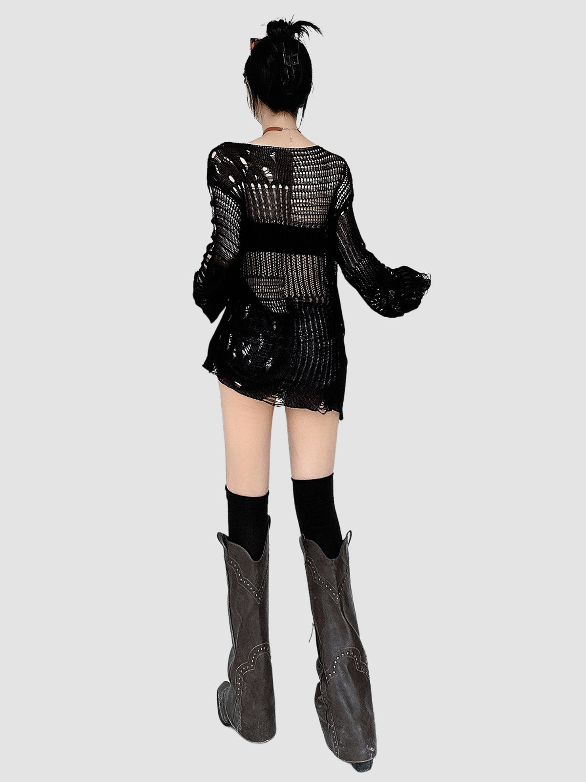 Hollow Woolen Round Neck Long-Sleeved Top
