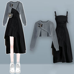 Irregular Buckle Sweater Slip Dress Set