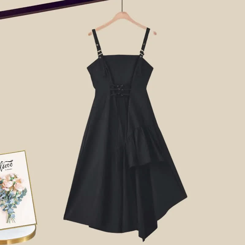 Rhombus Print Lapel Tulle Shirt Fishtail Slip Dress