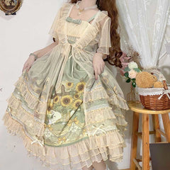 Elegant Sunflower Bunny Print Bow Lolita Lace-up Slip Dress
