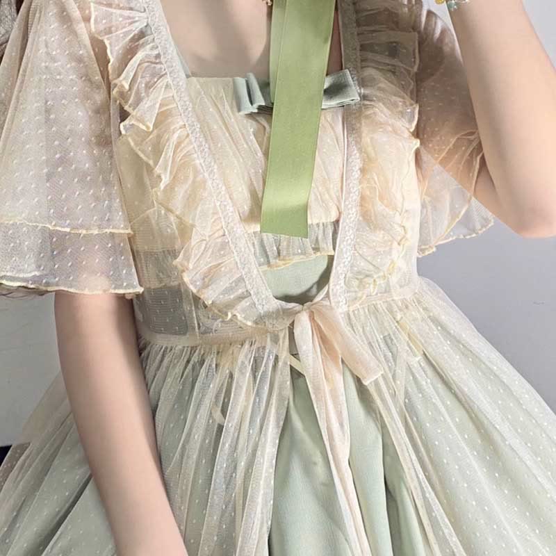 Elegant Sunflower Bunny Print Bow Lolita Lace-up Slip Dress