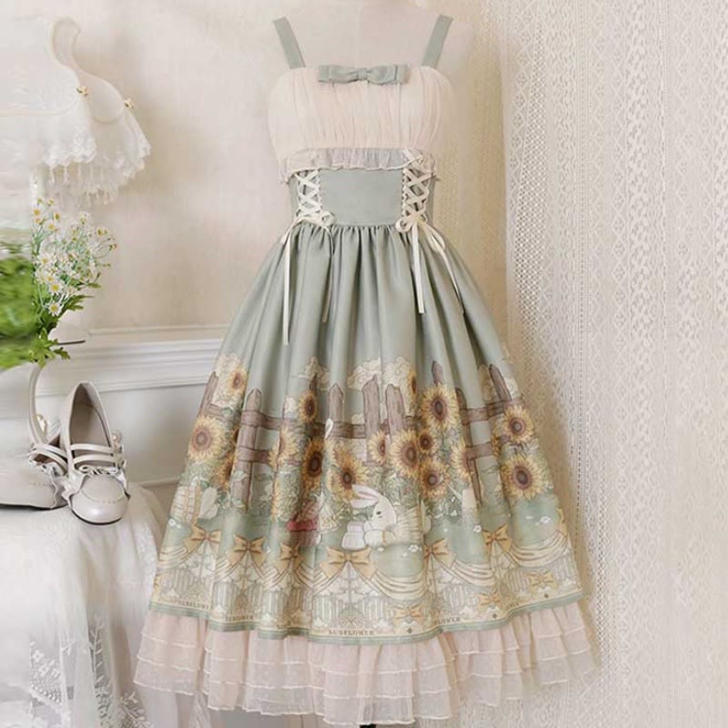 Elegant Sunflower Bunny Print Bow Lolita Lace-up Slip Dress