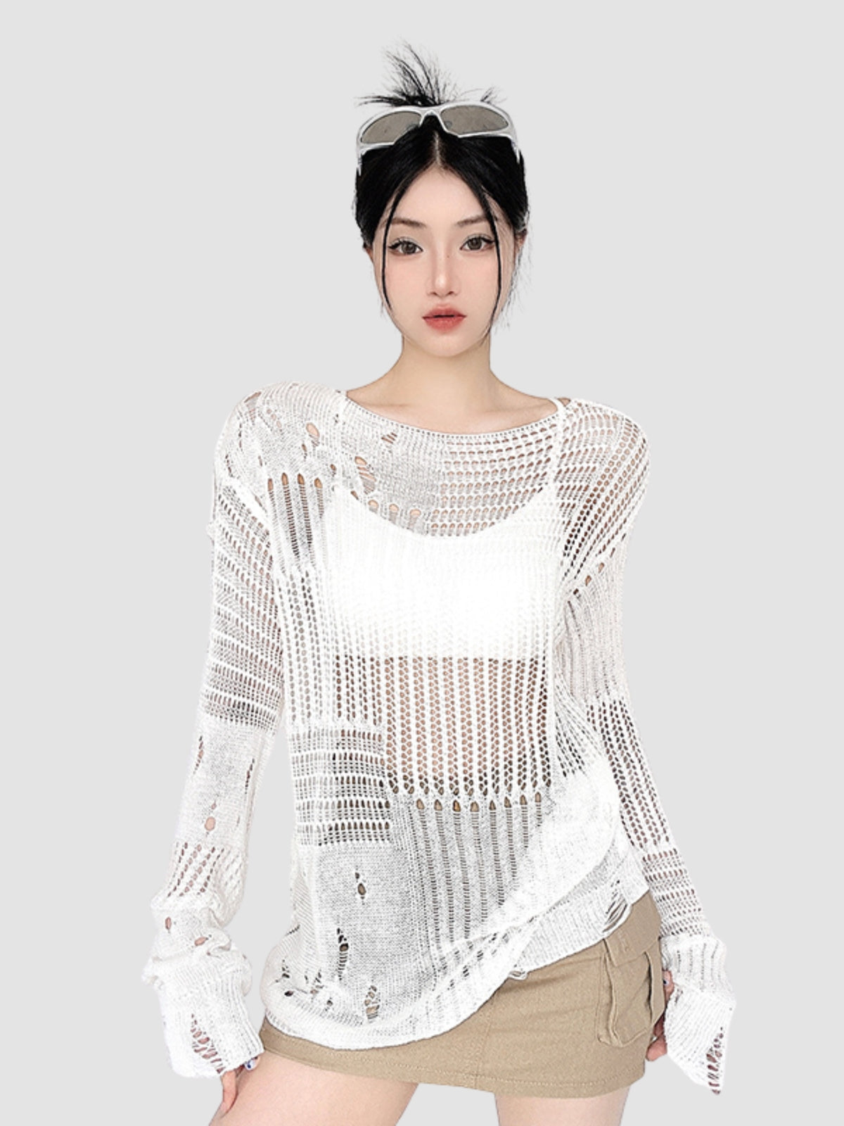 Hollow Woolen Round Neck Long-Sleeved Top