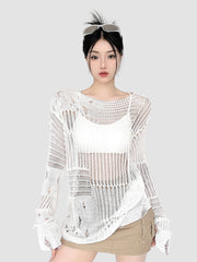 Hollow Woolen Round Neck Long-Sleeved Top